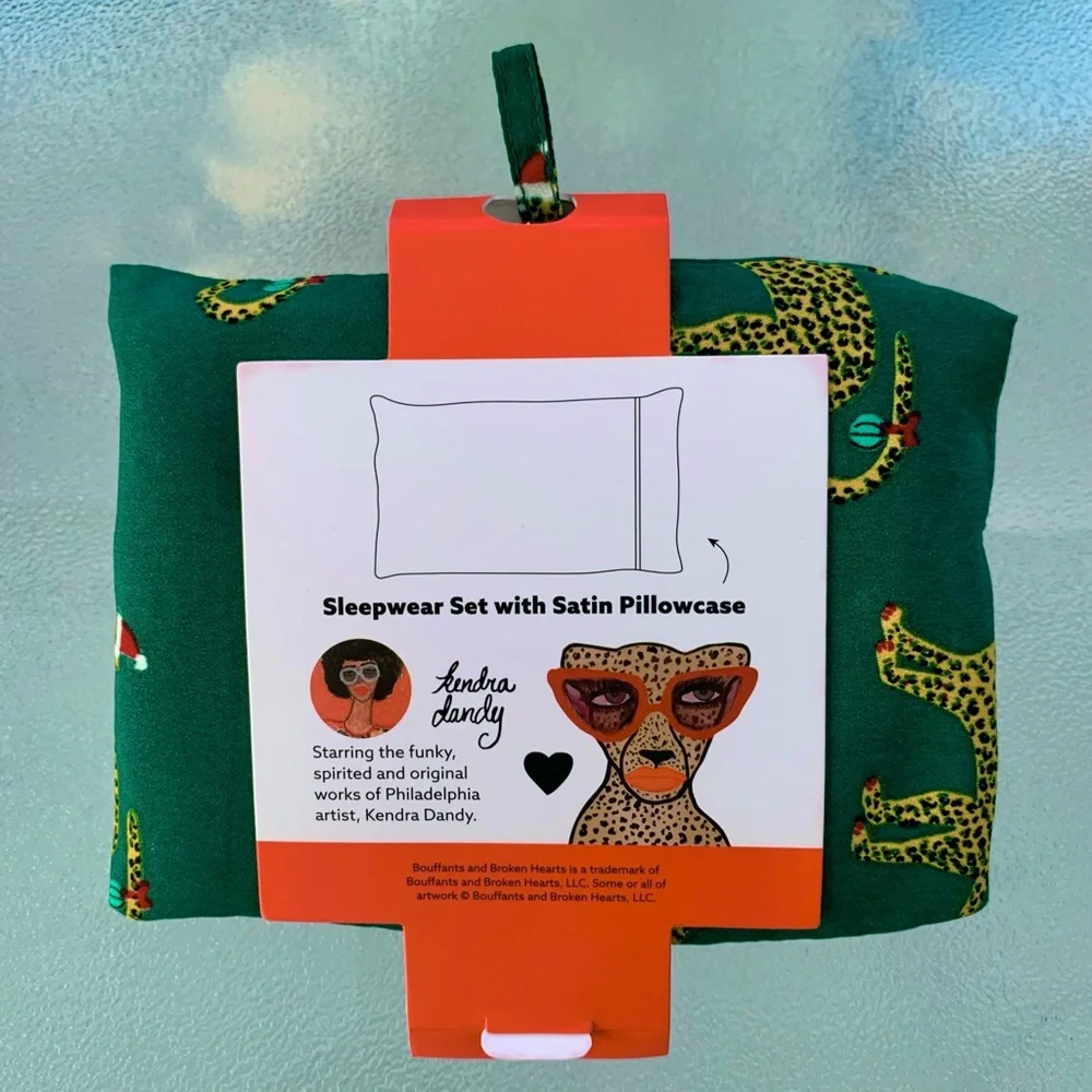 Bouffants and Broken Hearts White Satin Pillowcase & Green Glam Cat Gift Pouch